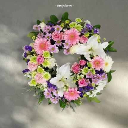 Serene Elegance – Pastel Wreath with Lilies, Gerberas, and Roses