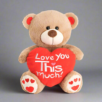 Love You Bear – Plush Teddy with Heart, Brown, featuring "Love You This Much!" message.