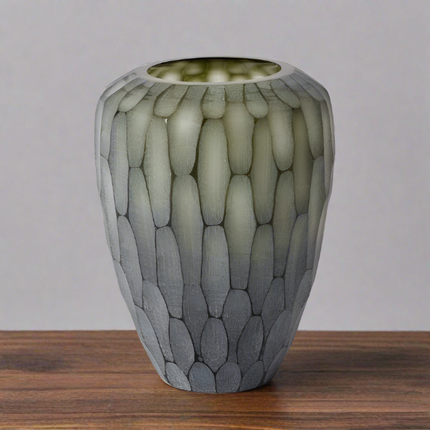 Nadine Dusty Green Vase with a bouquet, displayed on a wooden table.