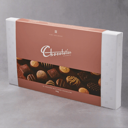 Chocolatier Australia Pure Indulgence Milk & Dark Chocolates box, 190g assorted gourmet chocolates.
