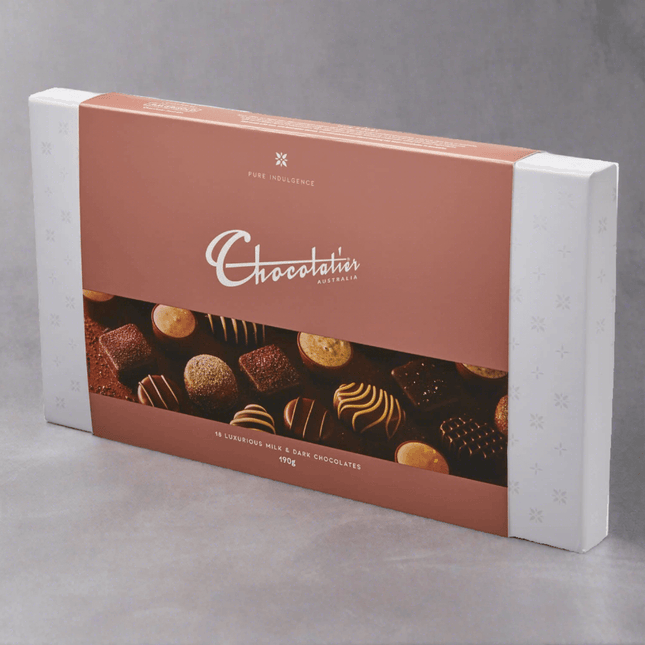 Chocolatier Australia Pure Indulgence Milk & Dark Chocolates box, 190g assorted gourmet chocolates.
