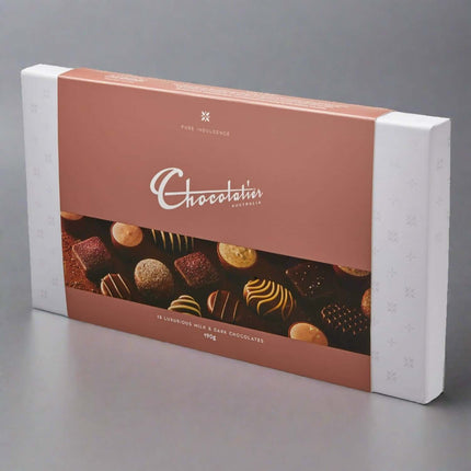 Chocolatier Australia Pure Indulgence Milk & Dark Chocolates 190g elegant gift box with assorted gourmet chocolates.