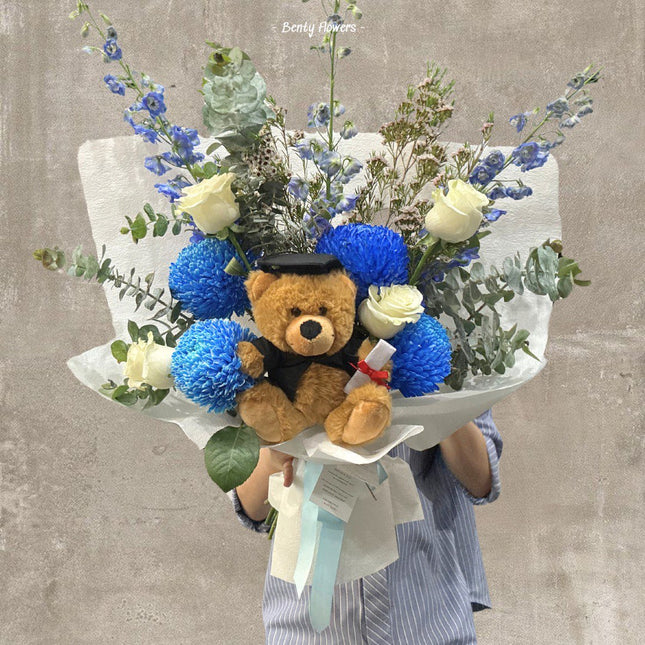 Graduation Blue Bouquet with Delphinium & Teddy – Luxurious Celebration Flowers