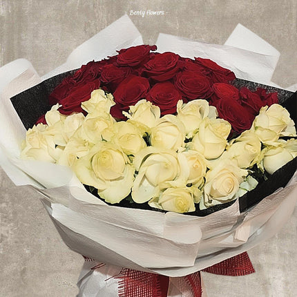 White & Red Rose Arrangement: 48 Stems Elegantly Wrapped for Valentine’s Day