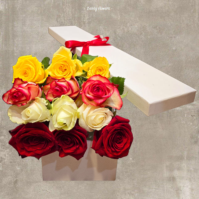 Mixed Rose Collection: 12 Stems in Luxury Tall White Box | Melbourne Delivery