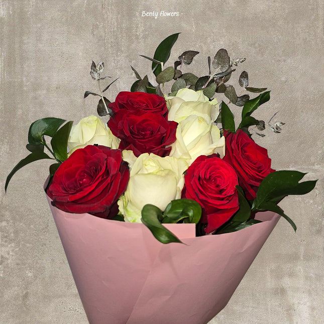 White & Red Rose Bouquet: 12 Stems Wrapped for Valentine's Day | Melbourne Delivery