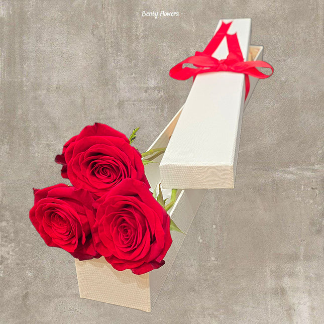 Trio of Red Roses in Luxury White Box | Valentine’s Gift Delivery Melbourne