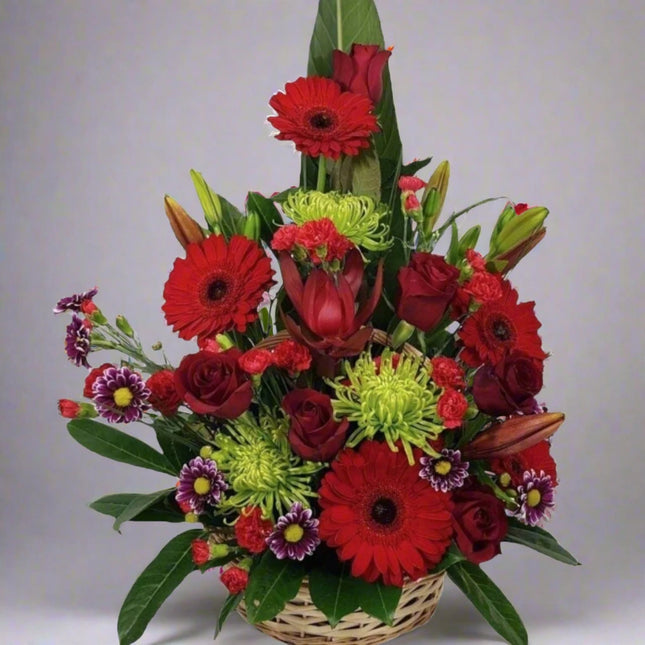 Ruby Radiance – Red and Green Floral Basket with gerberas, roses, chrysanthemums, and carnations.