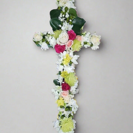 Eternal Faith – Cross Floral Arrangement with Roses and Chrysanthemums