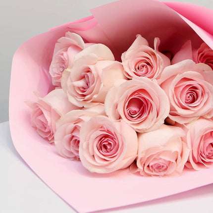 Bouquet of 12 Pink Roses in Elegant Pink Wrapping