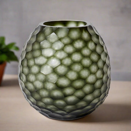 Close-up view of the Enzo Smoky Green Vase highlighting its intricate details.