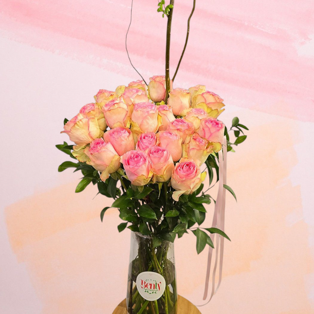 Blush Pink Roses in Glass Vase