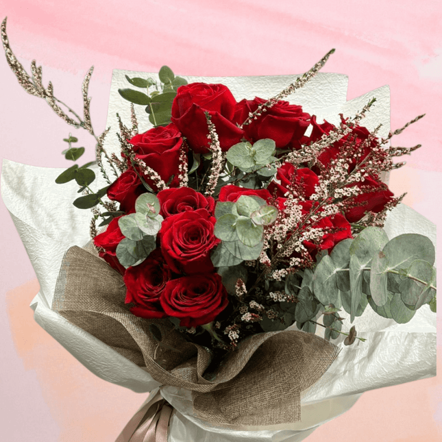 Scarlet Crown bouquet with red roses and greenery, perfect for romantic gestures in Melbourne.