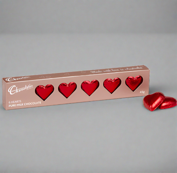 Milk Chocolate Hearts Gift Box in red packaging, featuring six heart-shaped chocolates.