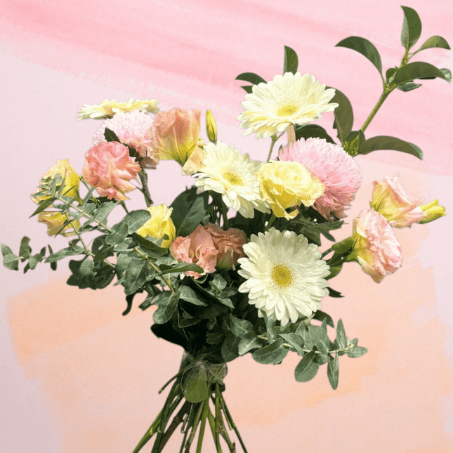 Pastel Harmony bouquet featuring soft pink and yellow flowers, ideal for birthdays and anniversaries in Melbourne.