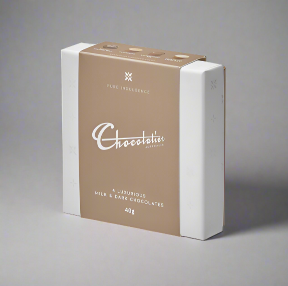 Chocolatier Australia Milk & Dark Chocolate Mini Treat Box, featuring a selection of four chocolates in elegant packaging.