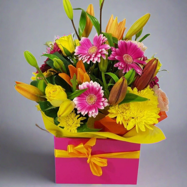 Bright and Cheerful Flower Arrangement in Pink Box