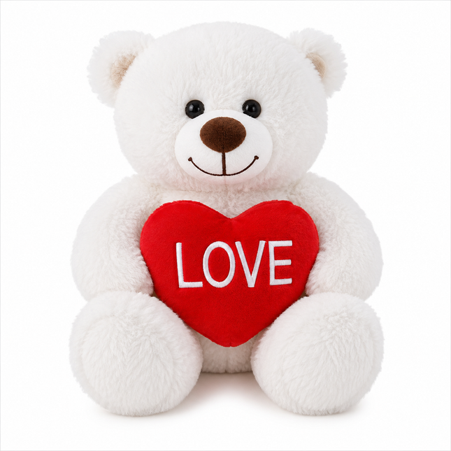 White teddy bear holding a red LOVE heart – 25cm